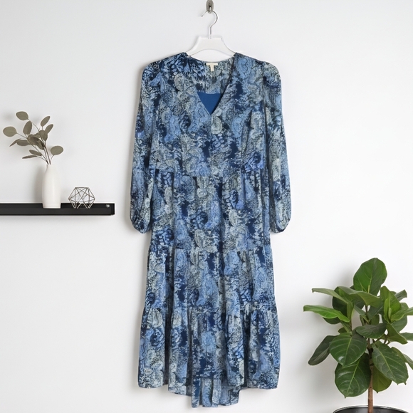 Joie Parisian Paisley Boho Chic Long Sleeve Maxi Dress Blue High Low Hem Lined - Picture 3 of 17